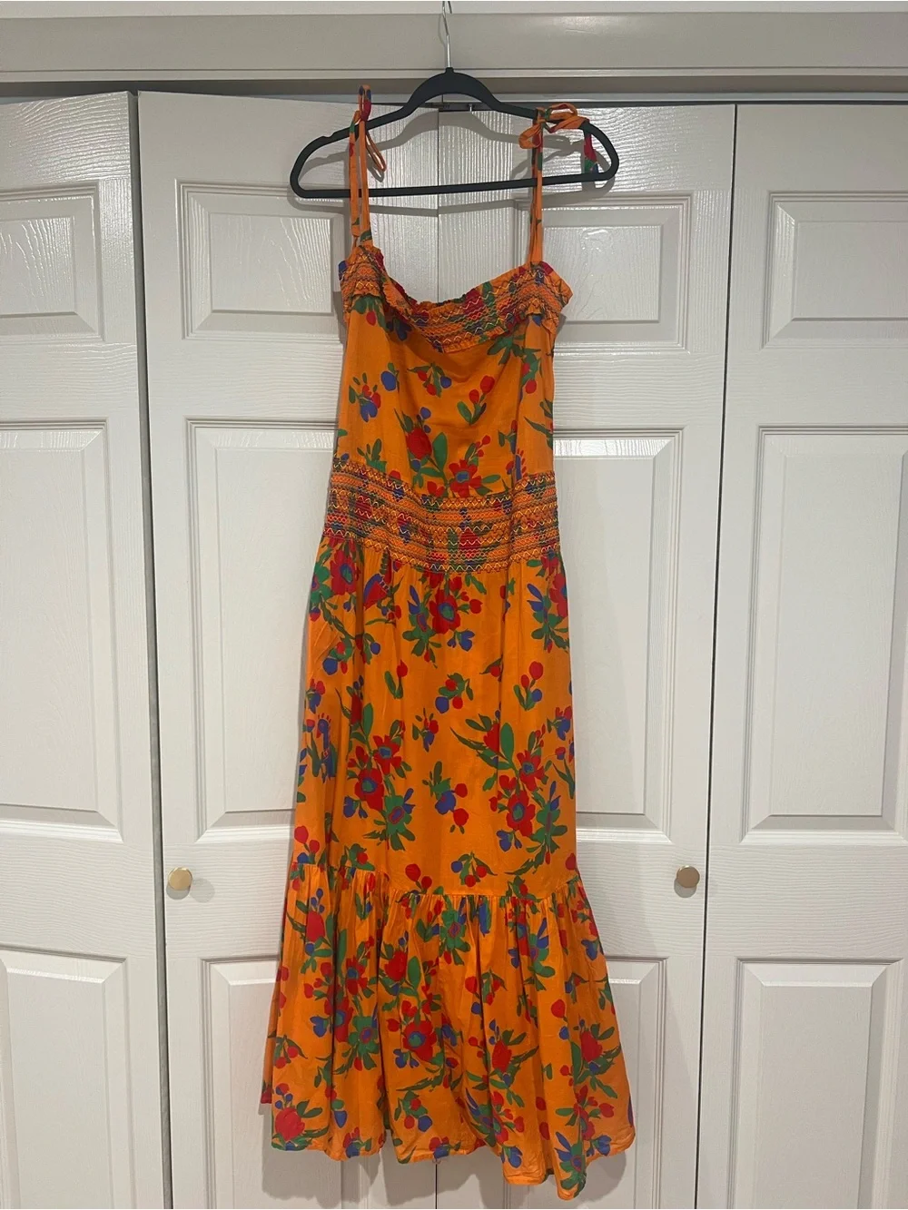 Tory Burch Orange Floral Smocked Tie-Shoulder Maxi Dress
